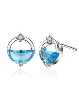 ANENJERY Silver Color Elegant Round Shape Blue Water Spring Stud Earrings With S - £8.02 GBP