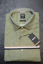 Hugo Boss Mens Hank Soft Slim Fit Green Organic Cotton/Linen Dress Shirt 39 15.5 - £56.04 GBP