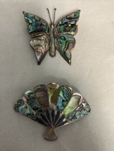 Abalone And Sterling 925 Pin Brooches  Butterfly &amp; Fan Lot Of Two Mexico - £27.25 GBP