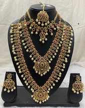 Chapado en Oro Estilo Indio Bollywood Set Combo 2 Collar Rubí Cz Novia Joyería - £141.94 GBP