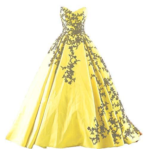 Beaded Gothic Black Lace Long Ball Gown Satin Prom Evening Dresses Yellow US 4