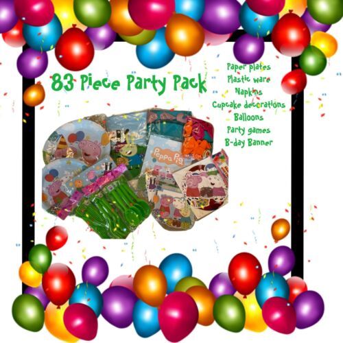 Peppa Pig Birthday Party Bundle 83 Pieces Plates Balloons Cupcake Favors Games - $24.65