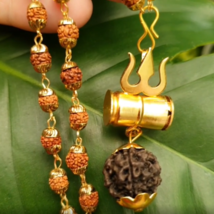 Rudraksha Necklace Trishul Pendant Gold Plated Brass Damroo Damru Taweez Shiva - £9.83 GBP