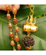 Rudraksha Necklace Trishul Pendant Gold Plated Brass Damroo Damru Taweez... - $12.43