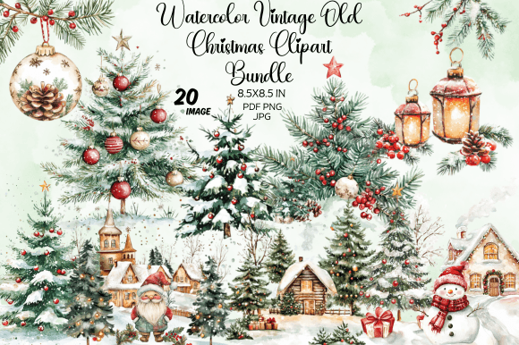 Watercolor Vintage Old Christmas Clipart - $4.00