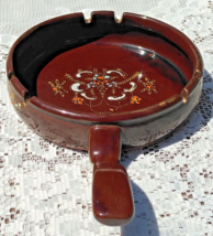 Vintage 7&quot; Ashtray W/Handle  Brown Ceramic Handpainted Floral Pottery Te... - $33.35