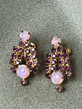 Vintage Tiny Purple Rhinestones w Faux Round Opal Cab Goldtone Screwback Earring - £11.66 GBP