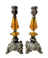 Vintage Pair MCM 60&#39;s Faceted Amber Lucite &amp; Brass Art Nouveau Base Cand... - $67.73 CAD