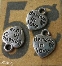 6 Quote Charms BELIEVE IN LOVE Heart Pendants Antiqued Silver 2 Sided - £3.95 GBP