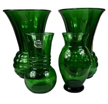 Emerald Green Glass Flower Vase Lot of 4 Forest Green Variety Anchor Hocking VTG - £43.34 GBP