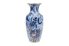 Hand Painted Thai Fish Motif Blue and White Gold Outline Porcelain Vase 14&quot; - £157.90 GBP
