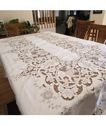 Cut Lace Embroidered Tablecloth MCM Lions Floral Detailed 66x96 Scalloped Linen - $89.50