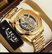 LIGE Men&#39;s Luxury Watch Skeleton Quartz Gold Skeleton Retro Fast Free Shipping - £17.55 GBP