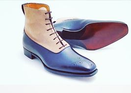 Ankle Blue Color Beige Suede Leather Square Toe lace Up Men Leather Shoe - $159.00