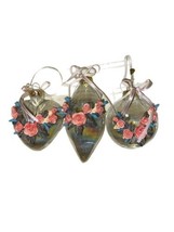 Set Of 3 Victorian Hand Blown Glass Ornaments~Round Teardrop Heart Roses Ribbon - £19.58 GBP