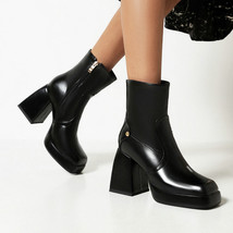 Women Platform Boots Pu Leather Chunky High Heel Ankle Boots Fashion Square Toe  - £76.10 GBP