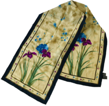 Silk Scarf Made for Art Galleries Purple Irises &amp; Blue Flowers Hand Rolled Hem - £34.79 GBP
