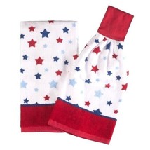 Patriotic American Stars Kitchen and Hanging Towel Set Red White Blue Cotton NEW - £12.56 GBP