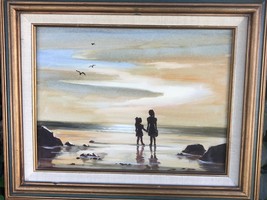 ORIGINAL Vintage SEASCAPE *Sisters at The Beach* MODERN Framed Art Oil o... - £292.32 GBP