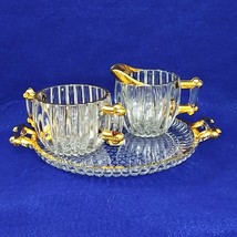 Creamer Sugar Set Jeanette Glass Co 24K Gold Decorated Hobnail Ribbed Vintage - £30.87 GBP