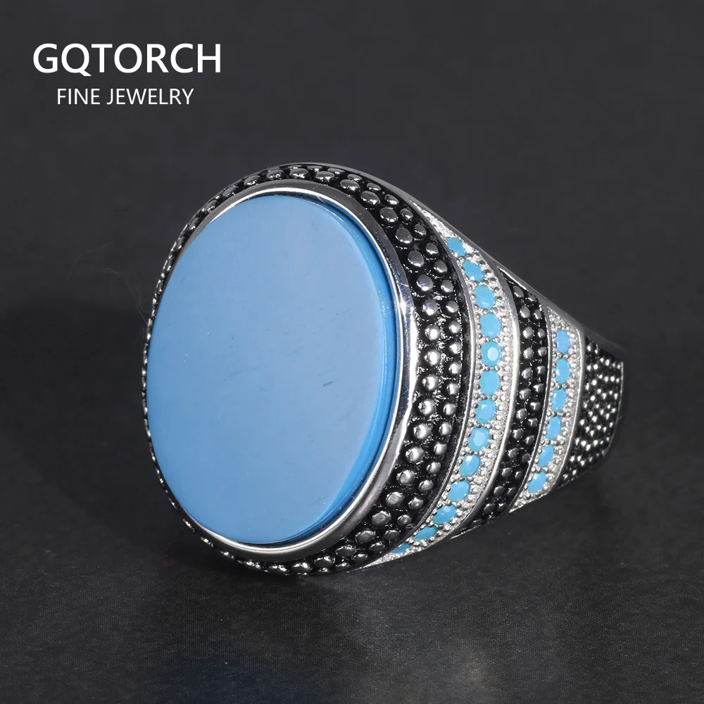 Guaranteed Silver 925 Mens Rings With Stone Simulated Turquoise Retro Vintage Tu - £40.31 GBP