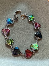 Blue Red &amp; Green Abalone Inlaid SIlvertone Heart Link Bracelet – 6.25 inches lon - £8.92 GBP