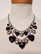 16.5&quot;-19.5&quot; Silver Black HEARTS 2 Strand Look Statement Necklace Great Condition - £8.31 GBP