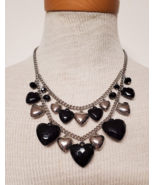 16.5&quot;-19.5&quot; Silver Black HEARTS 2 Strand Look Statement Necklace Great C... - £11.63 GBP