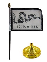 AES Gadsden Join Or Die 4&quot;x6&quot; Flag Desk Set Table Stick Staff Gold Base - $4.44