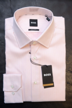 Hugo Boss Mens Joe Kent Regular Fit Open Pink Striped Cotton Dress Shirt 38 15 - £55.81 GBP