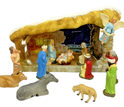 Nativity Manger Bisque Italy Primitive Scene Set 13 Plastic Figures Vintage - £39.46 GBP
