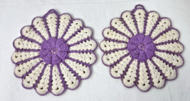 Pair Hand Crocheted Purple Lavender &amp; Cream Potholders Flower Shaped 7.5... - $339.77 MXN