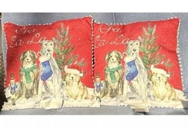 2 Fa La La Red Christmas 16” Square Decorative Pillows Dogs Santa Hat Stocking - $29.99