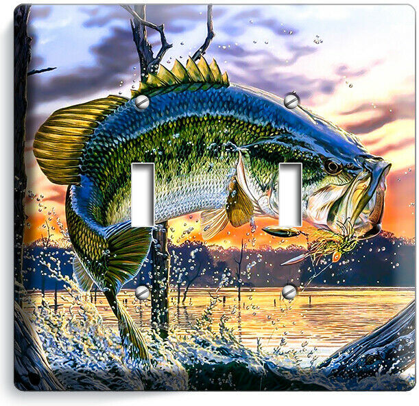 LARGEMOUTH BASS FISHING AMERICAN OUTDOORS LIGHT SWITCH 2 GANG PLATES CABIN DECOR