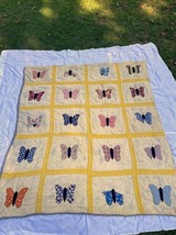 Hand Stitched Butterfly Squares Cotton Quilt Vintage Butterfly Quilt READ - £46.34 GBP