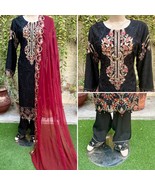 Pakistani Black 3Pcs Fancy Chiffon Dress with embroidery &amp; Squins work,L - $118.80