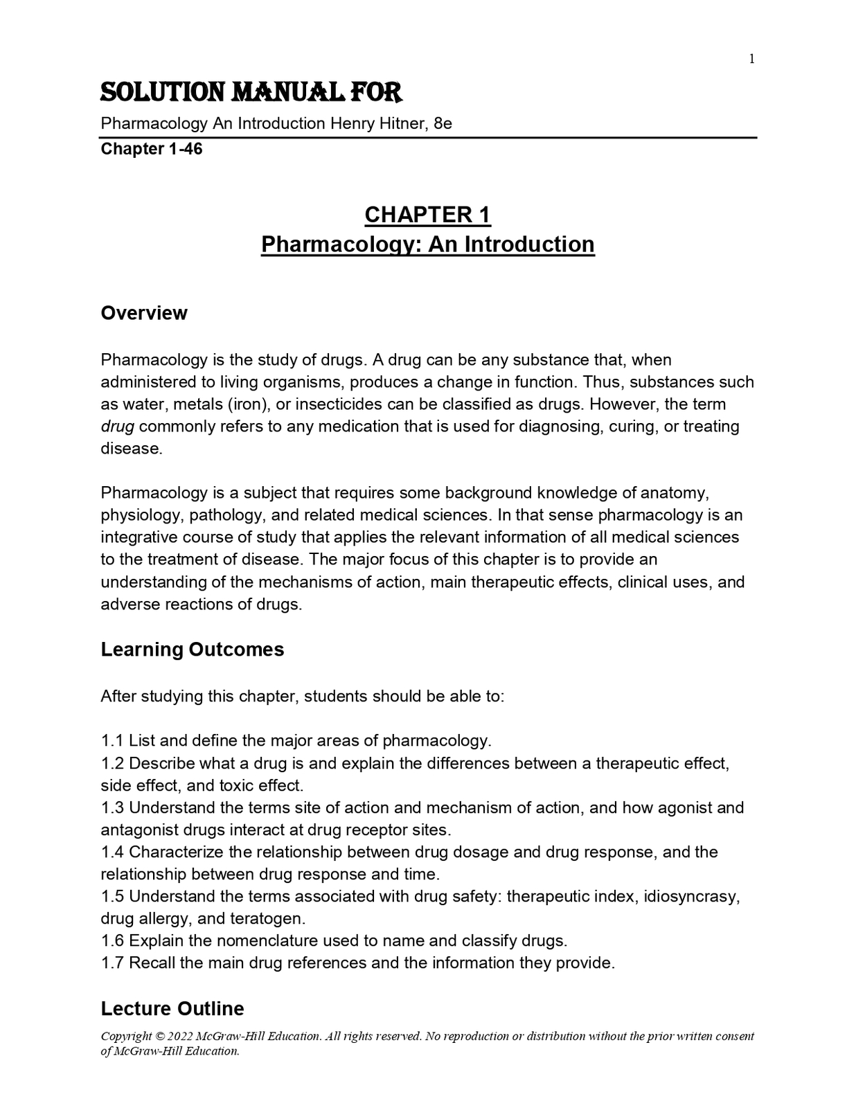 Solution Manual For Pharmacology An Introduction Henry Hitner, 8th Editi... - $17.99