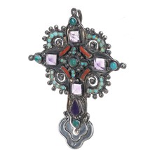 c1940&#39;s Matl Cross pendant Sterling Turquoise Amethyst and coral - $886.05