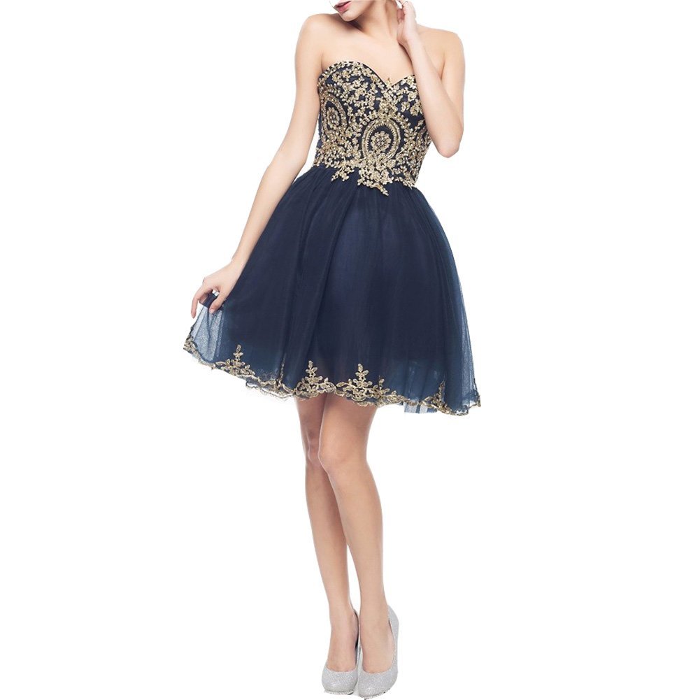 Kivary Gold Lace Crystals Short Tulle Corset Prom Homecoming Cocktail Party Dres