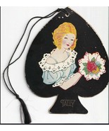 Vtg. Bridge Tally Card - Die Cut Spade Shape Woman w Flower - $17.77