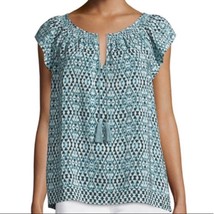 Joie Cotati Tasseled Silk Split-Neck Printed Blouse Top Blue White Medium - $25.00