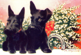 Scotty Dogs Postcard A Taylor Scottish Terrier Puppy Good Luck Horseshoe Antique - £14.13 GBP