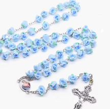 Blue Flower Rose Bead Rosary Immaculate Heart of Mary Centerpiece Catholic - £13.69 GBP