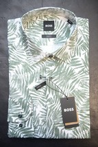 Hugo Boss Men&#39;s Hank Kent Slim Fit Leaf Print Stretch Cotton Dress Shirt 41 16 - £51.27 GBP