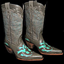 Paso Del Norte Hand Made Dove Gray Cowboy Boots with Turquoise Inlays 7 B - £196.72 GBP