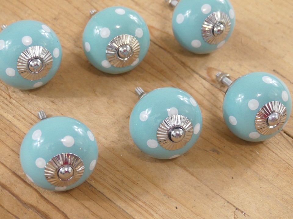 6 DRAWER PULLS KNOBS HANDLE CABINET DRESSER FUN LIGHT TURQUISE BLUE POLKA DOT Item image 2