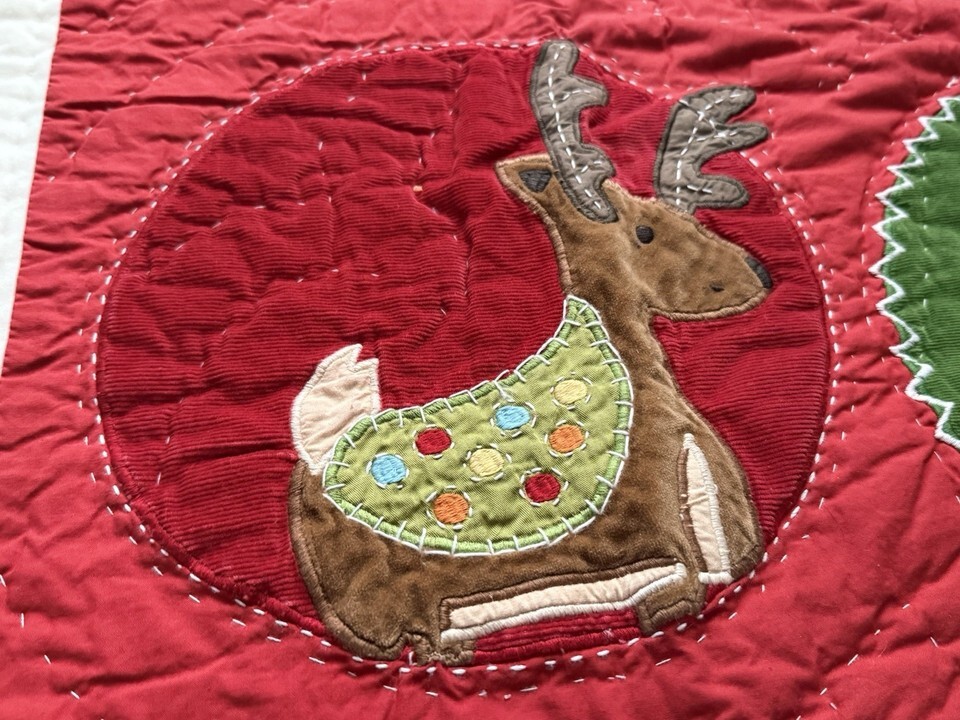 VTG Pottery Barn Kids Embroidered Velvet Christmas Santa Snowman Quilt 49x36” Item image 15