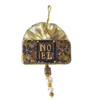 Vintage Noel Christmas Brooch Gold Tone Black Beaded Ornament Holiday Pin - $19.81
