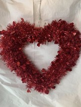 Valentine&#39;s Day Red Tinsel Heart Shaped Wreath Wall Decoration Hanging 15 Inch - £8.11 GBP