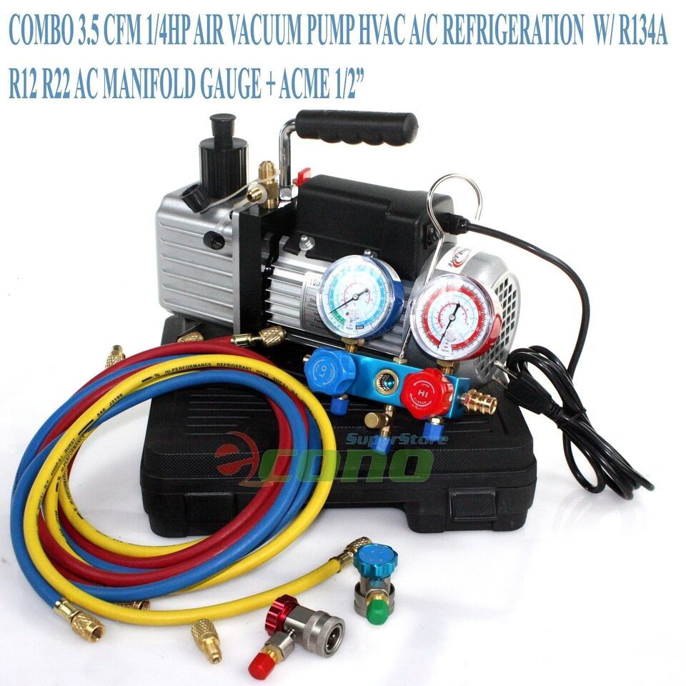 COMBO 3.5 CFM VACUUM PUMP R134a R410 HVAC MANIFOLD GAUGE 4 REFRIGERATION... - $146.78